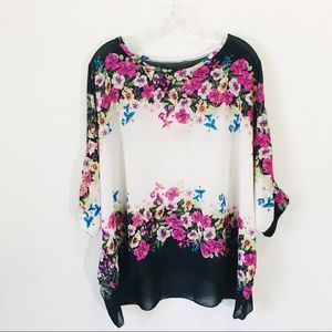 Handmade floral print sheer short sleeve top